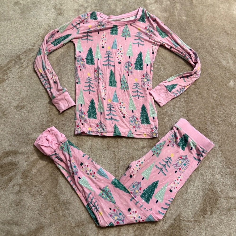 Little Sleepies Pink Christmas Trees Bamboo Pajama Set Kids 5/6 Long Sleeve